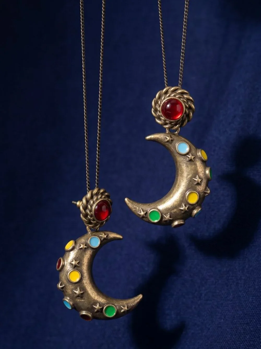Antique Gold Crescent Moon Drop Earrings Celestial Star Multicolor Whimsigoth